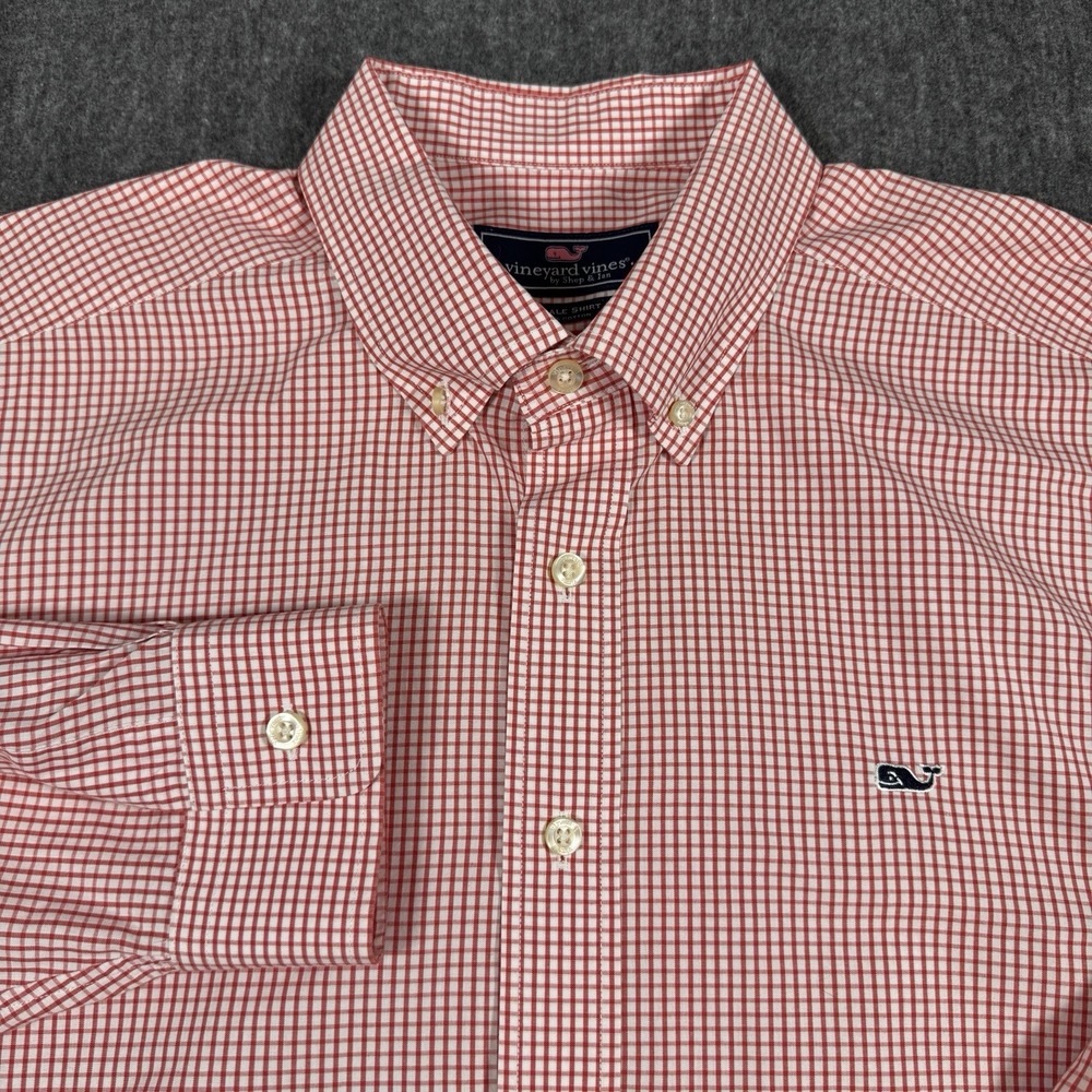 Vineyard Vines Mens L Whale Shirt Red Gingham Check Long Sleeve Button Down